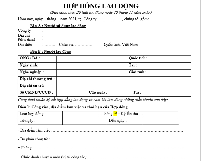 nội dung hợp đồng lao động theo Bộ luật lao động 2019